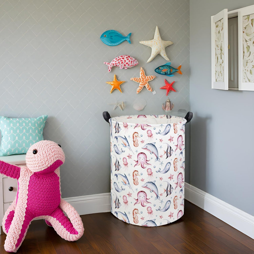 Baby Laundry Basket Baby Hamper for Nursery Girl Kids Ocean Hamper Cute Storage Bin Organizer Pink Room Decor for Home(Pink Ocean)