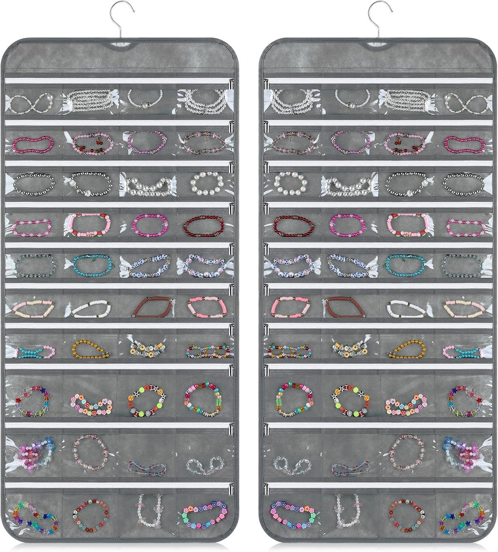 SynHHergyx 2 Pack Zippered Pocket Hanging Jewelry Organizer Dual-Sided Zipper Jewelry Holder Hanging Storage Organizer for Holding Earrings Bracelets Rings, Each with 80 Zippered Pockets