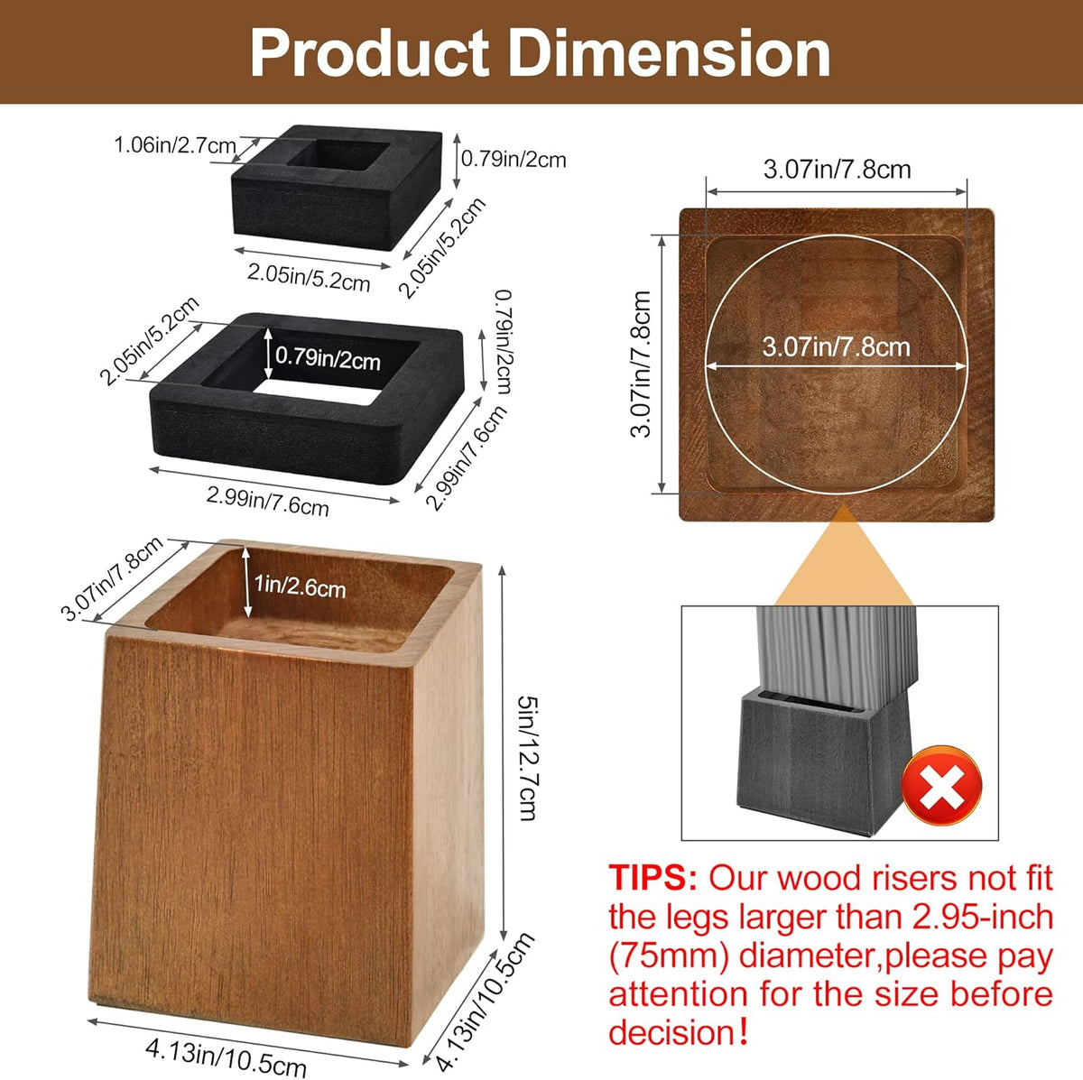 Wooden Bed Risers 5 Inch Heavy Duty, Support 2500 lbs, Brown