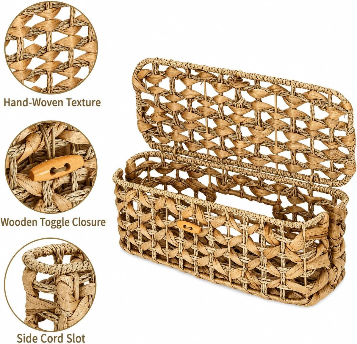 Handwoven Cable Management Box with Lid, Decorative Cord Organizer Basket for Power Strip, Charger, Router and USB Hub, Rectangular Cable Hider for Home Office Desk Shelf