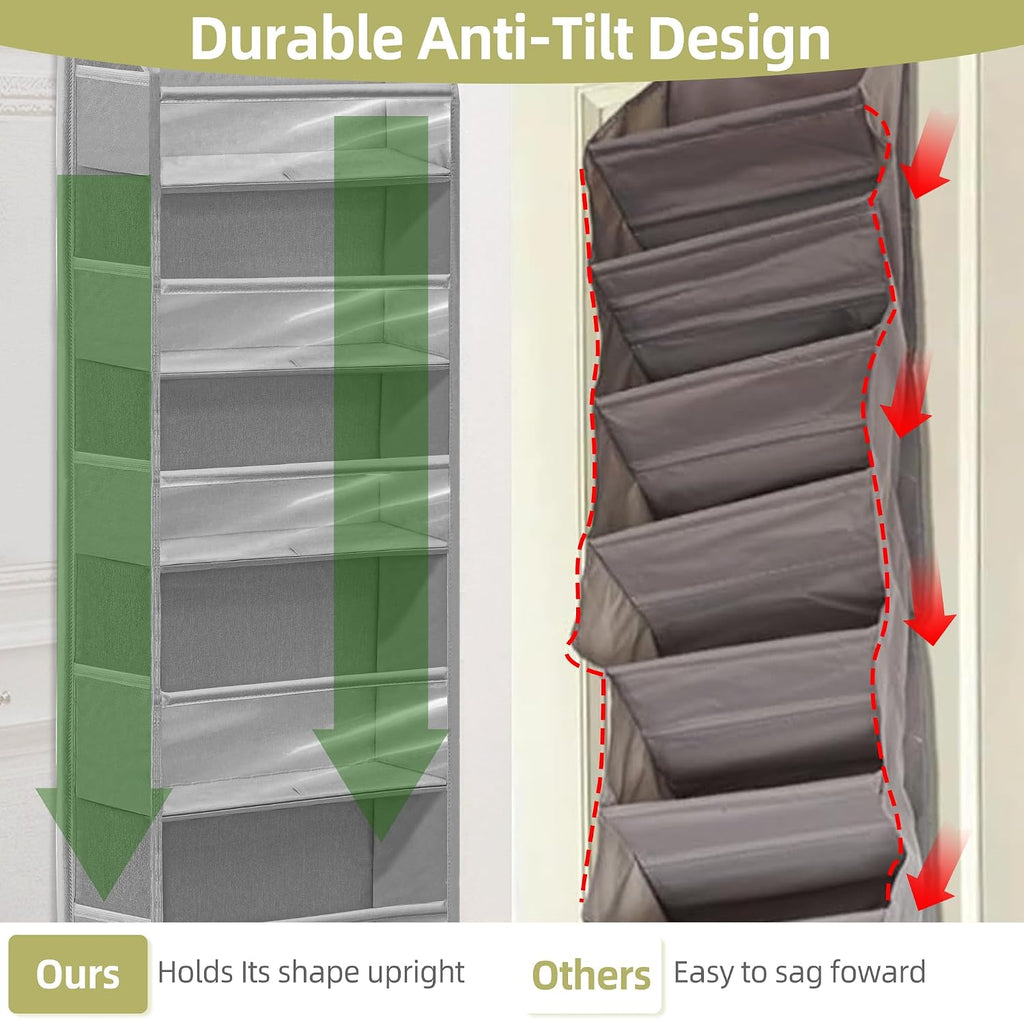 Over Door Organizer with 6 Extra Large Pockets and 12 Side Pockets, Large Capacity Hanging Storage Organizer with Clear Window for Shoes, Diapers, Grey, 6 Layers, 2-Pack