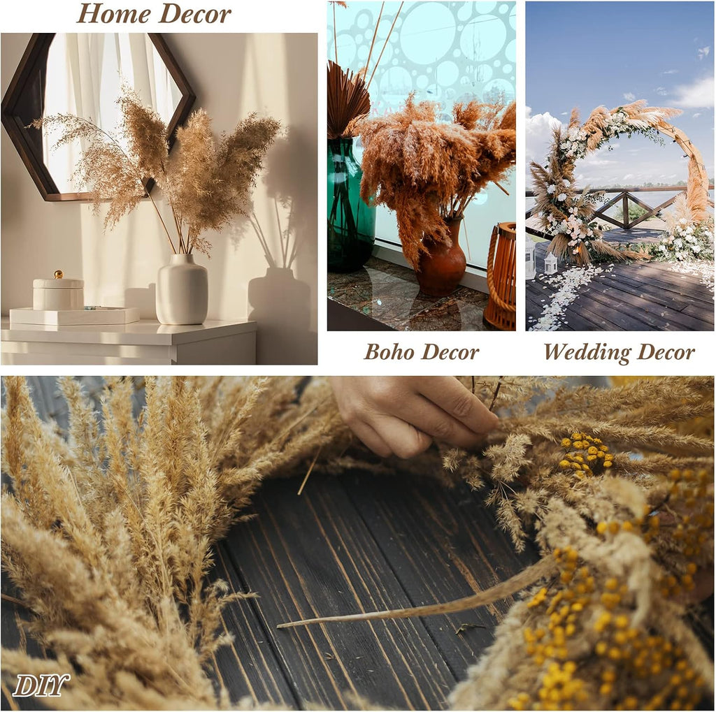Janinka 100 Pcs Dried Fluffy Pampas Grass Bulk 17 Inch, Boho Decor, Brown