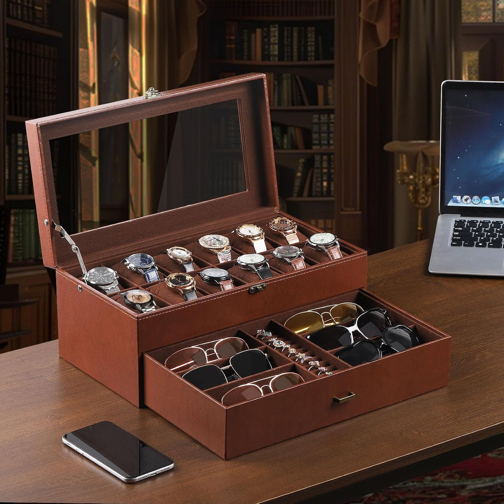 AUTOARK Leather & Velvet Watch Box & Sunglass Organizer,Coffee,MKAW041