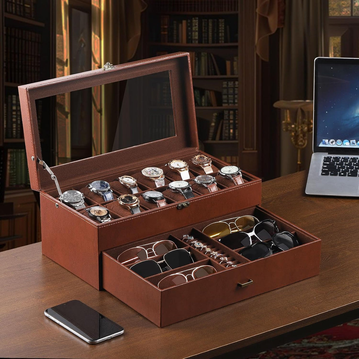 AUTOARK Leather & Velvet Watch Box & Sunglass Organizer,Coffee,MKAW041