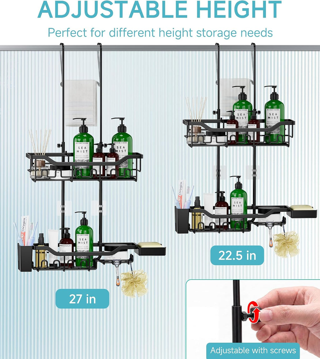 Shower Caddy Hanging Over the Door, Upgraded Extended Length Shower Organizer, Rustproof Bathroom Rack with Hooks Soap Holder