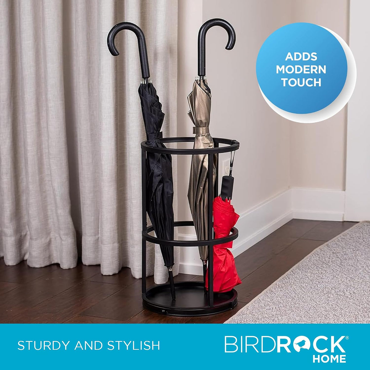 BIRDROCK HOME Circular Umbrella Holder with Removable Drip Tray - Stand for Umbrellas - Entryway - Decorative Metal Freestanding Rack Organizer - Cane Walking Stick Holder - Black