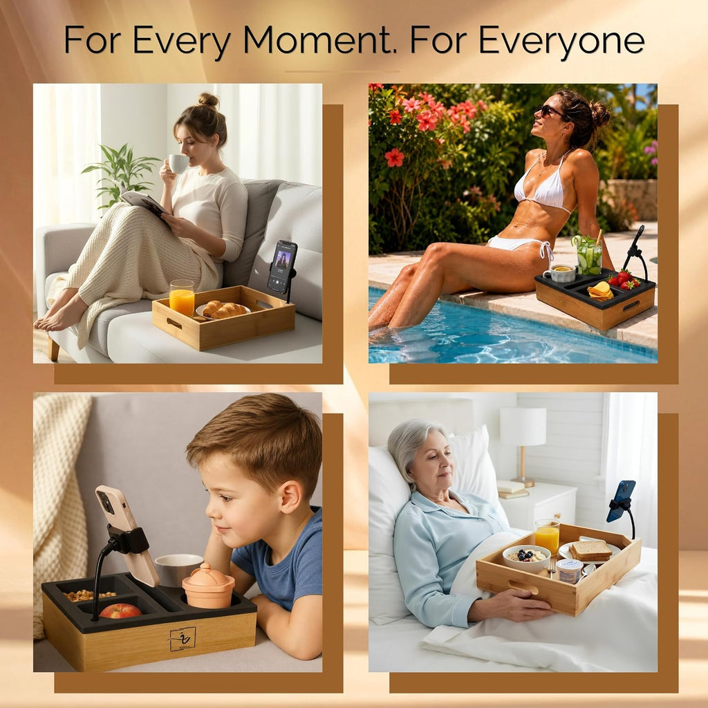 Couch Caddy with Cup Holder | Wood Couch Cup Holder Tray for Drinks, Snacks & Remotes | Sofa Couch Organizer with Phone & Cup Holder Tray (Black)