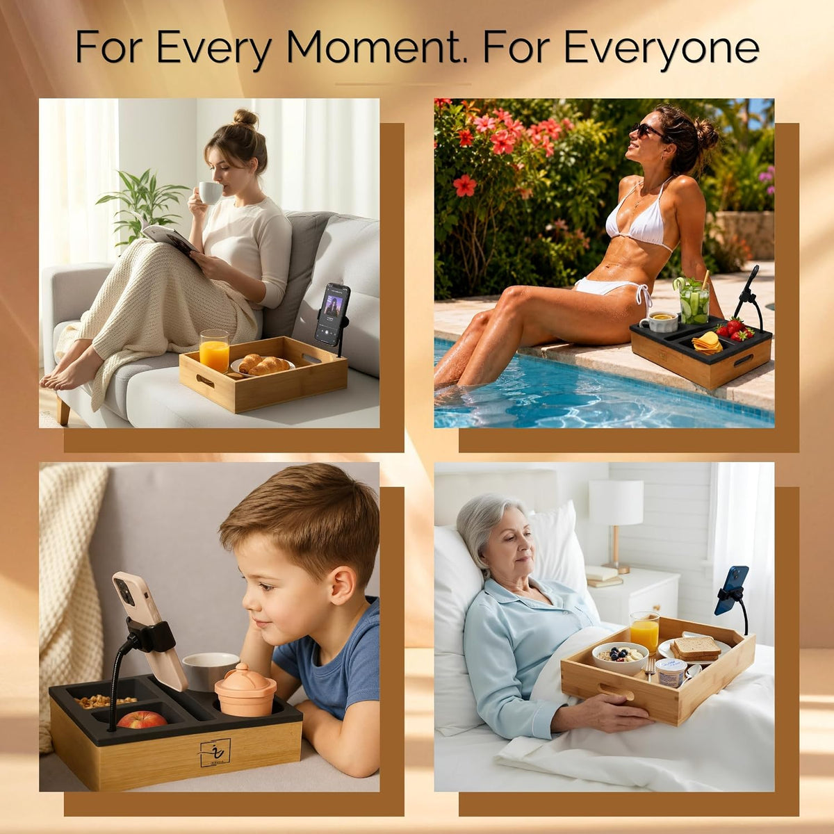 Couch Caddy with Cup Holder | Wood Couch Cup Holder Tray for Drinks, Snacks & Remotes | Sofa Couch Organizer with Phone & Cup Holder Tray (Black)