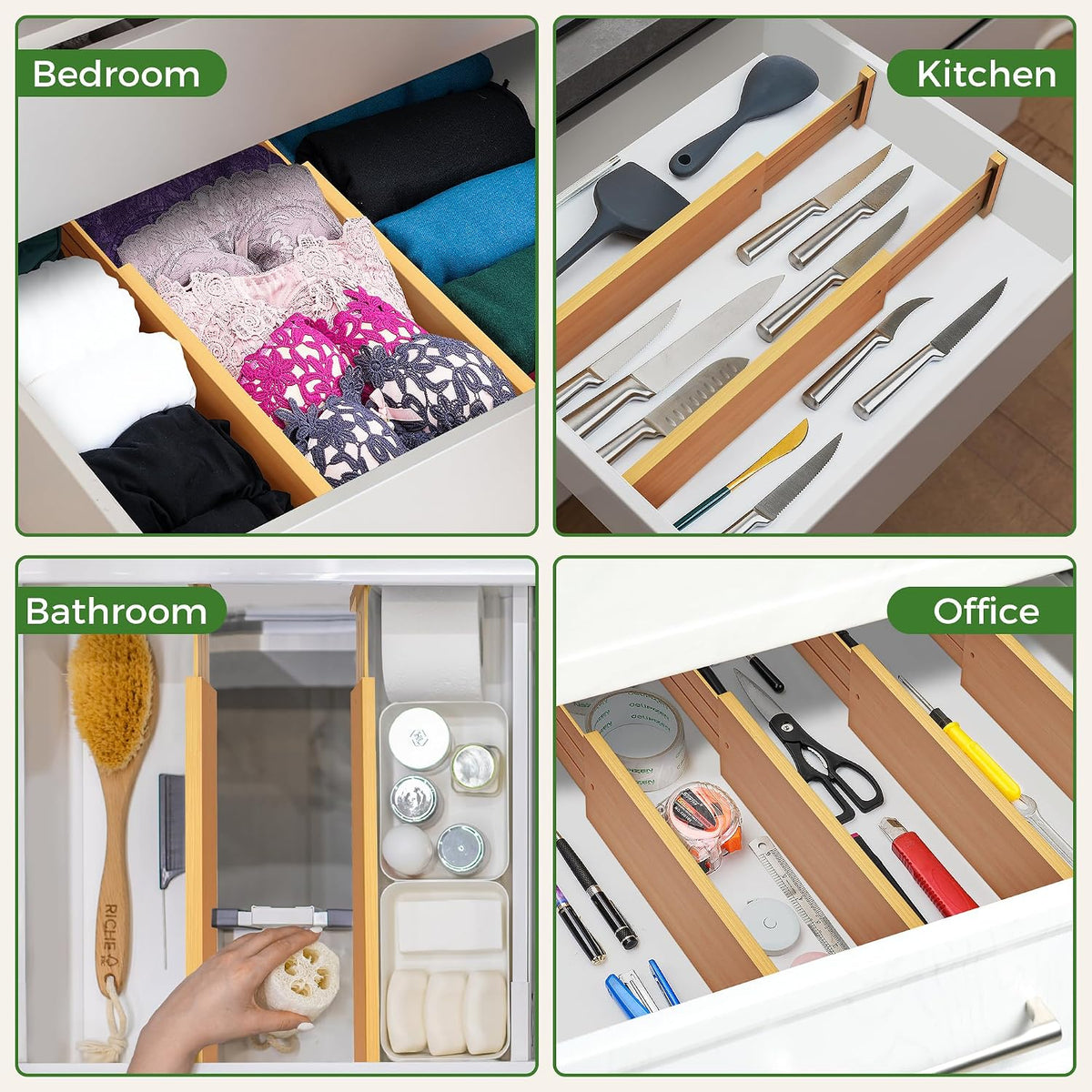 FJO 6 Pack Bamboo Drawer Dividers 4.65" High Adjustable from 17'' to 22''