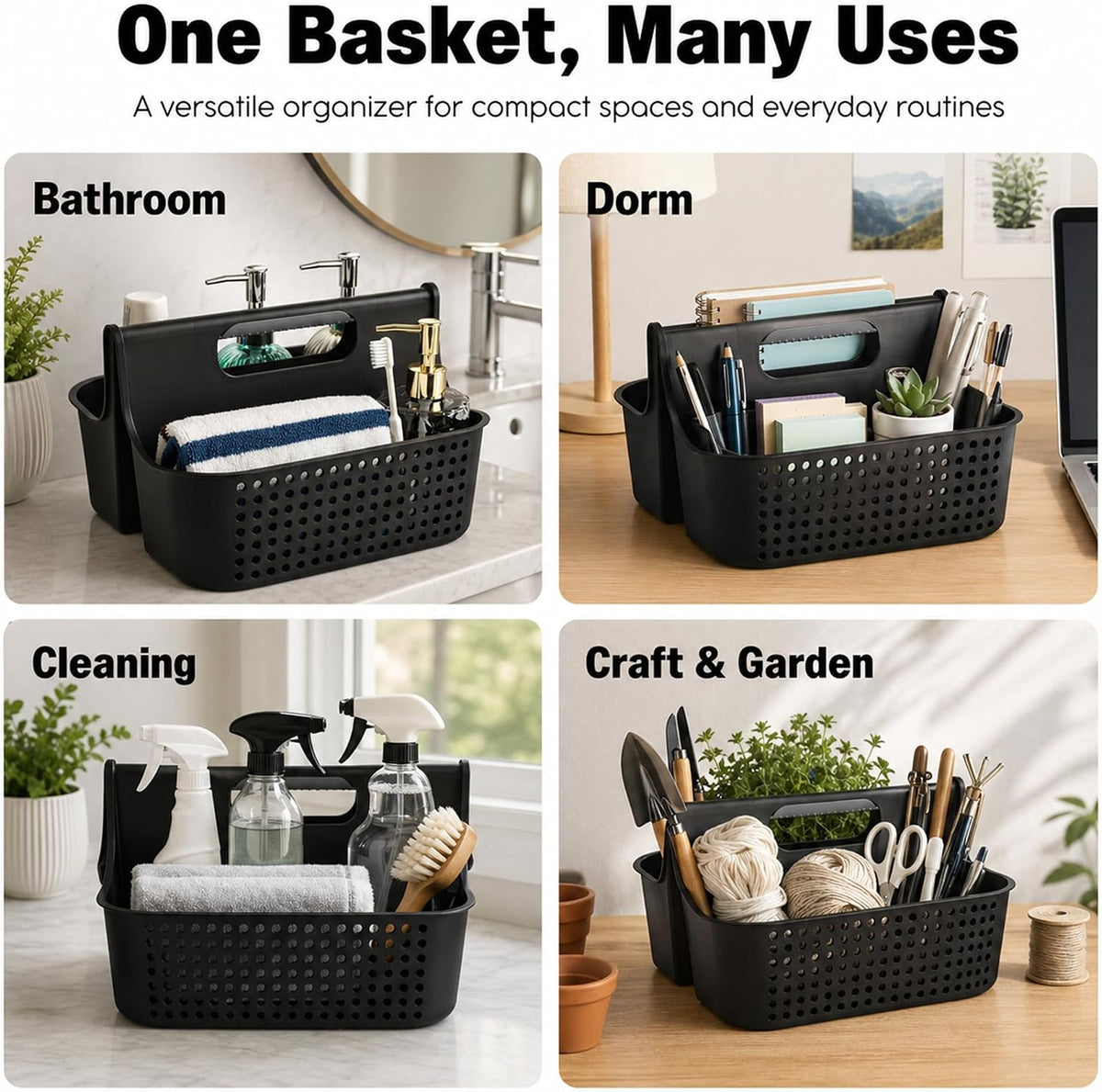 Haundry Portable Shower Caddy Basket, 2 Compartments Plastic Cleaning Caddy Organizer, Large Storage Tote with Handle for Bathroom, College, Dorm Room Essentials, Black