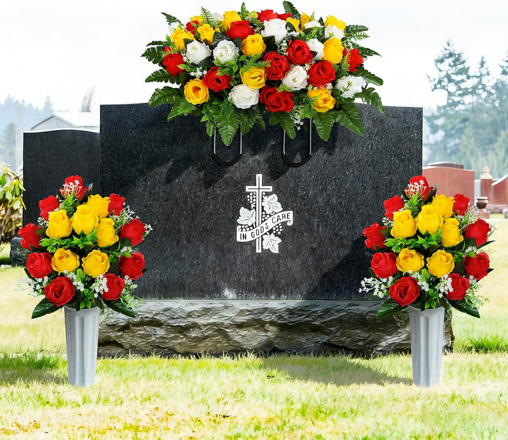 Artificial Cemetery Flowers Saddle Grave Memorial Rose Flowers with Vase for Cemetery Headstones Gravesites Decoration (White&Red&Yellow, 1 Saddle & 2Bouquets with Vase)