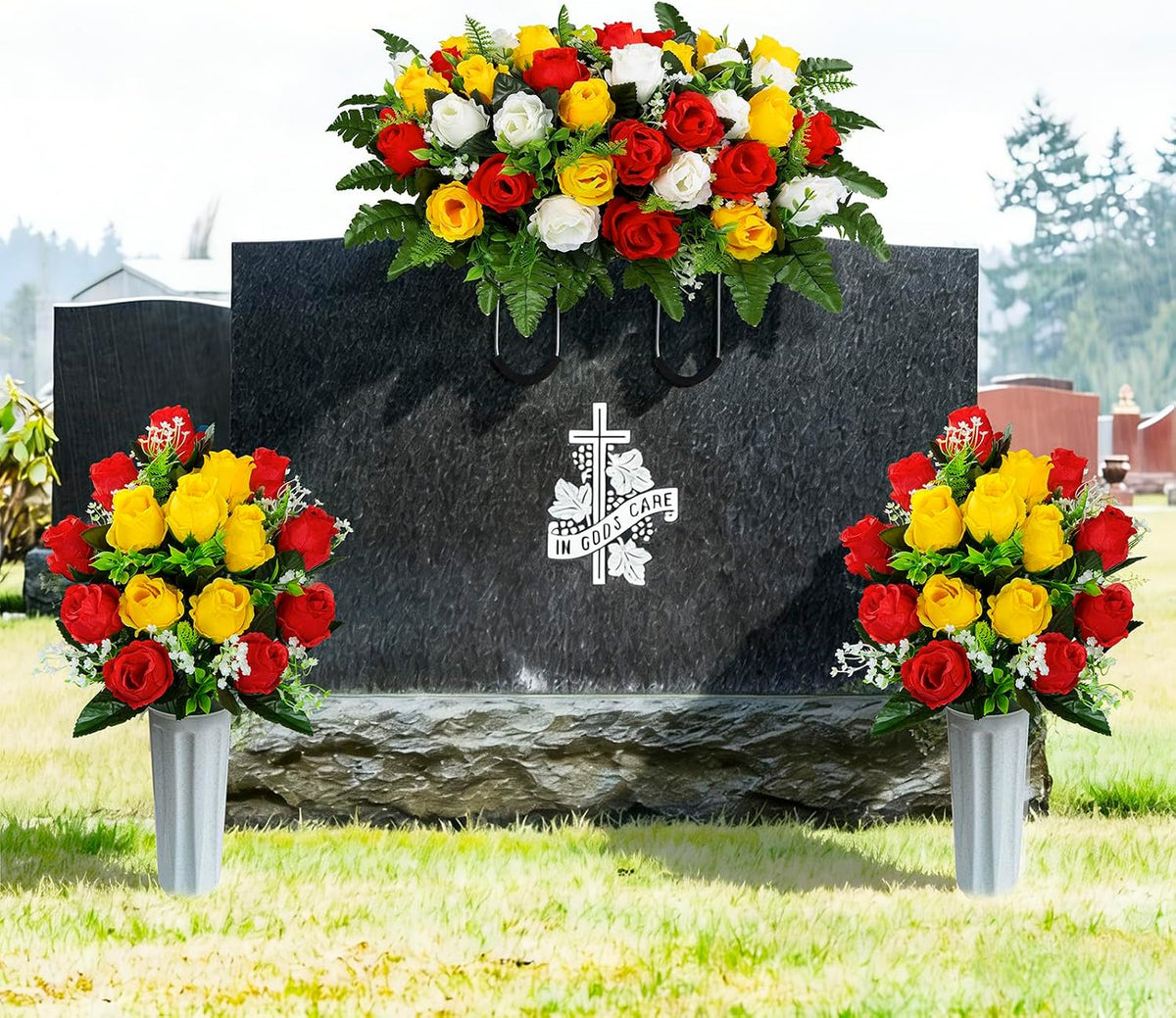 Artificial Cemetery Flowers Saddle Grave Memorial Rose Flowers with Vase for Cemetery Headstones Gravesites Decoration (White&Red&Yellow, 1 Saddle & 2Bouquets with Vase)