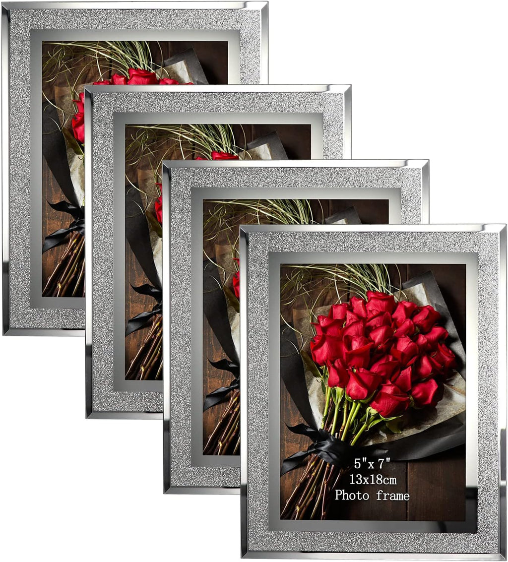Calenzana 4 Pack 5x7 Sparkle Glass Picture Frame, Glitter Edge Photo Frames for Tabletop, Horizontal or Vertical Display