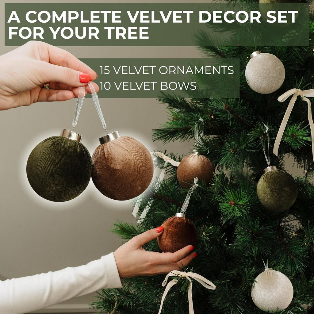 Elegant Velvet Christmas Ornaments Set - 15 Shatterproof Balls & 10 Bows