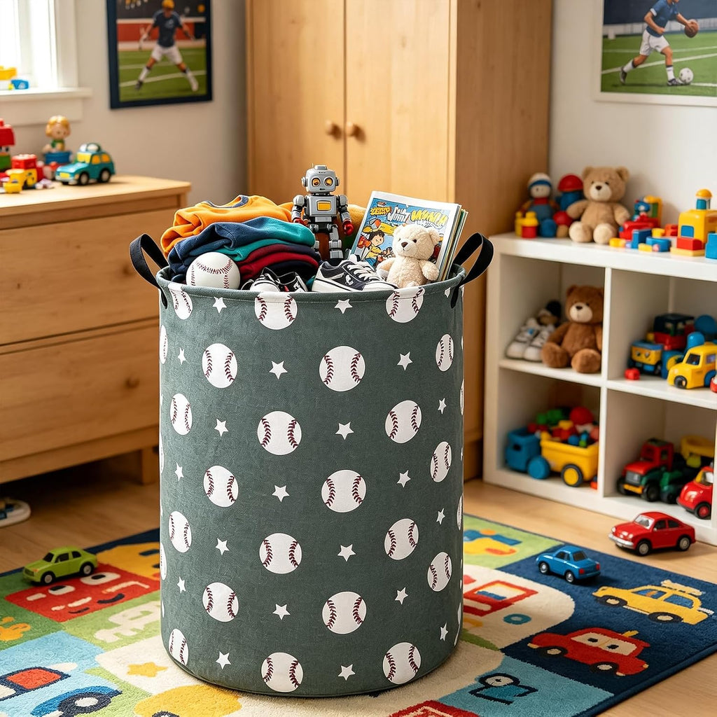 Round Fabric Collapsible Storage Basket with Handles, Grey Baseball