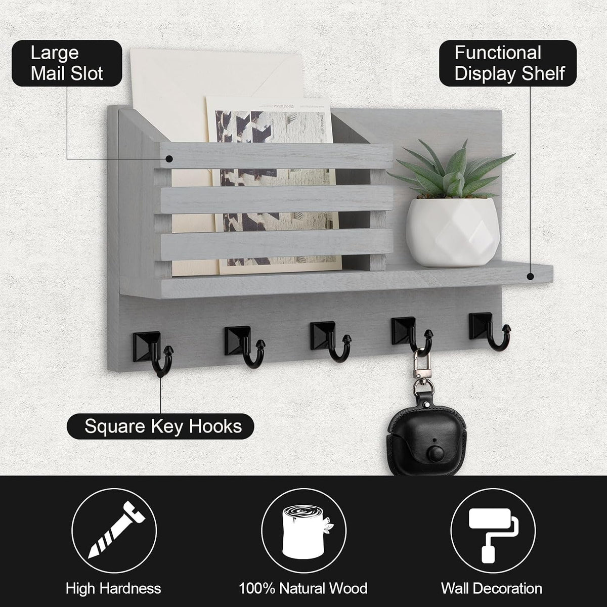 Key Holder Wall Mount, Mail Organizer for Wall with 5 Square Key Hooks