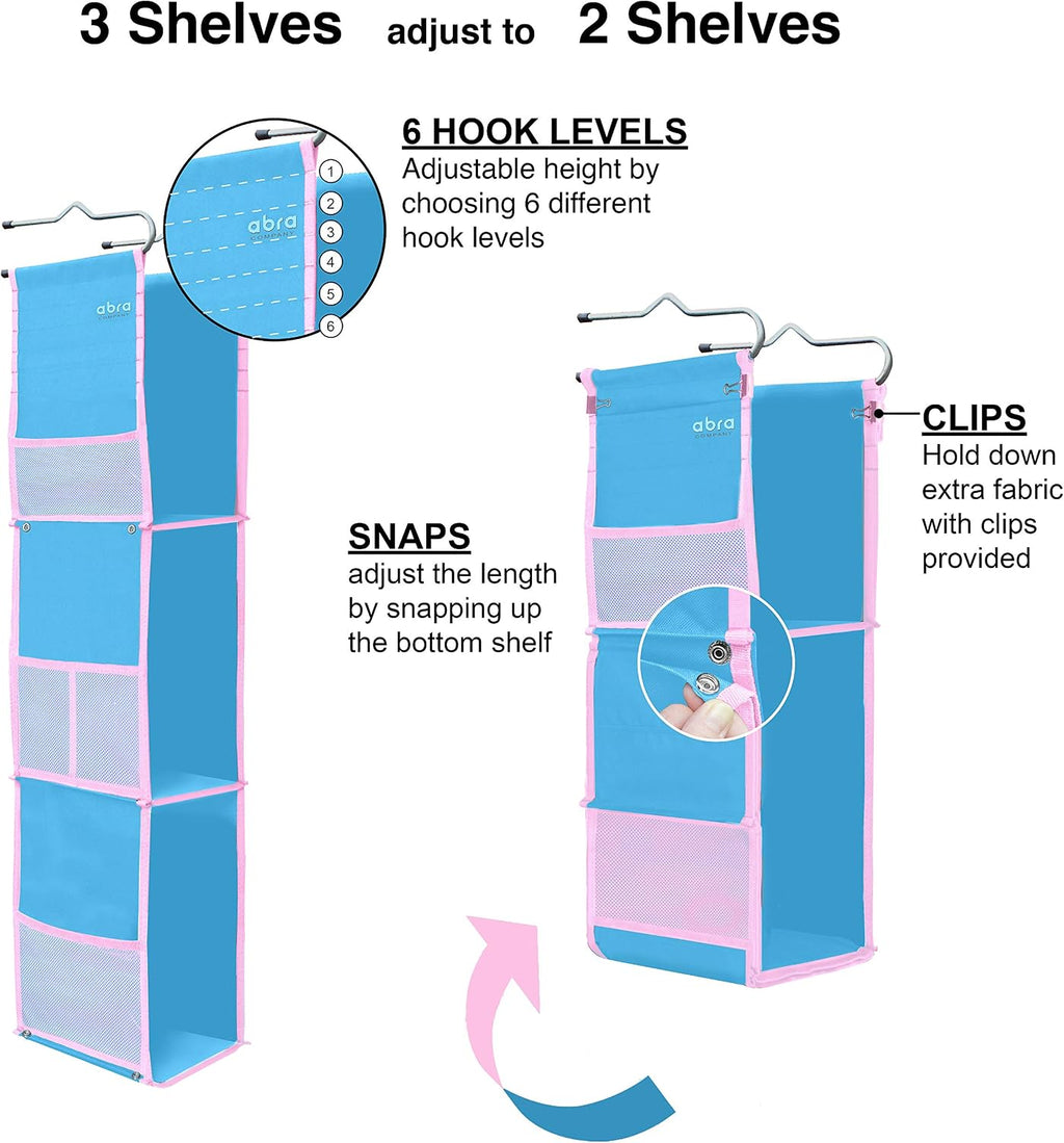 ABRA® 3 Shelf Hanging Locker Organizer for School, Work, Gym, Storage | Deep Shelves 6.5”x 9”| Eco-Friendly Fabric Healthy for Children | Adjustable School Locker Shelf from 3 to 2 Shelves (Blue/Pink)