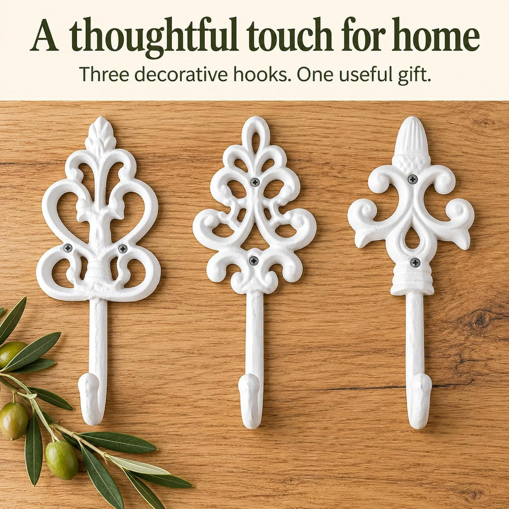 Comfify Pure White Cast Iron Wall Hooks Set of 3 – Farmhouse Coat Hooks