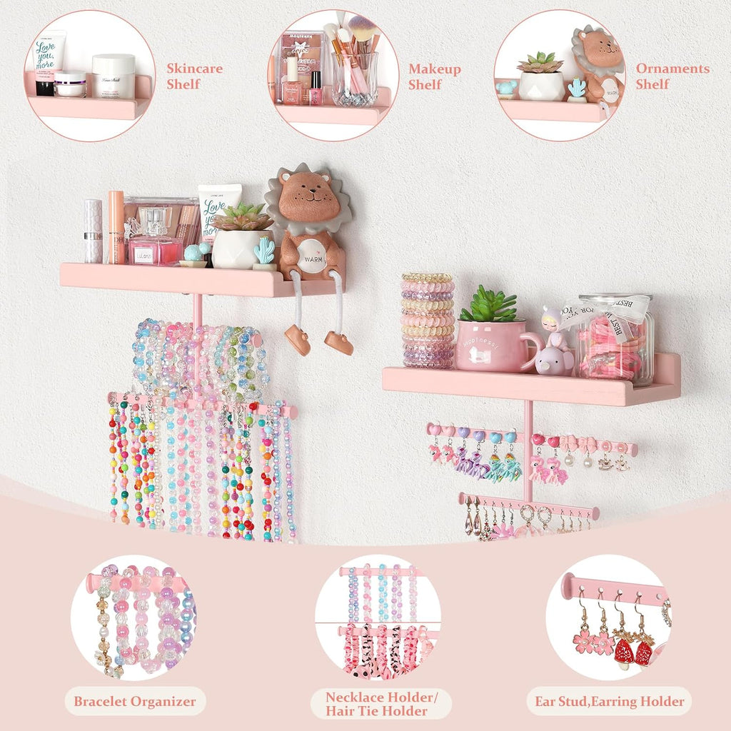 Keebofly Jewelry Organizer Wall Mounted Hanging with Wooden Shelf for Kids, Girls, Teens, Jewelry Holder Storage Display for Earring, Necklace, Bracelet, Bow, Pink, (Patented)