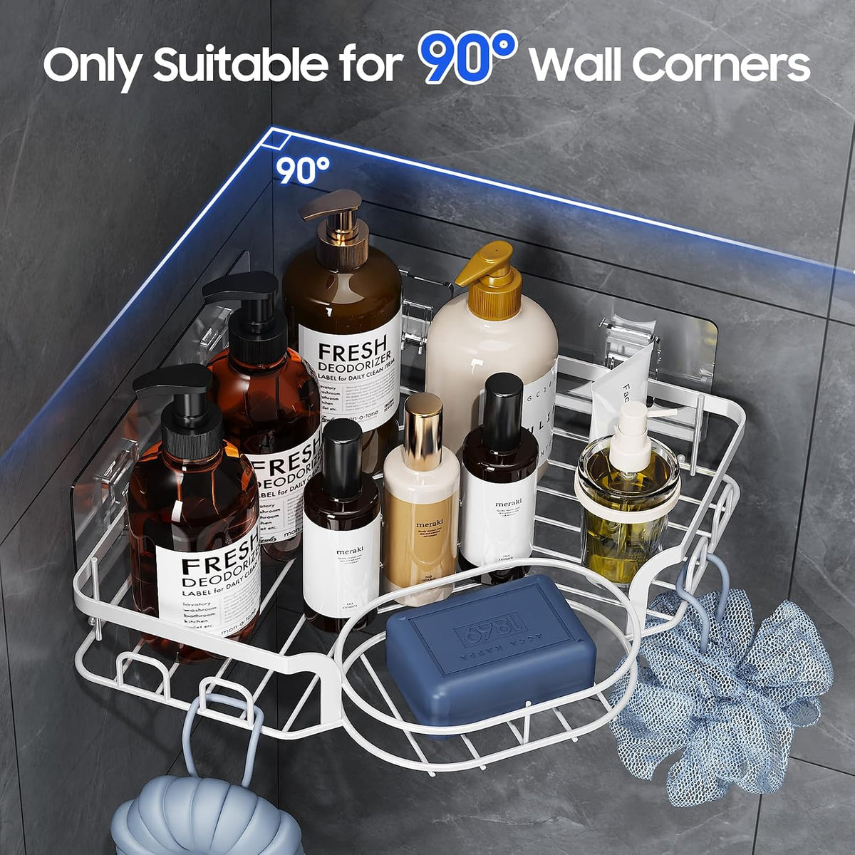 Corner Shower Caddy, Rustproof Shower Organizer with Soap Holder and 8 Hooks, No Drilling Adhesive Shower Shelves for Inside Shower, Large Capacity Shower Rack for Bathroom Shower Storage, White