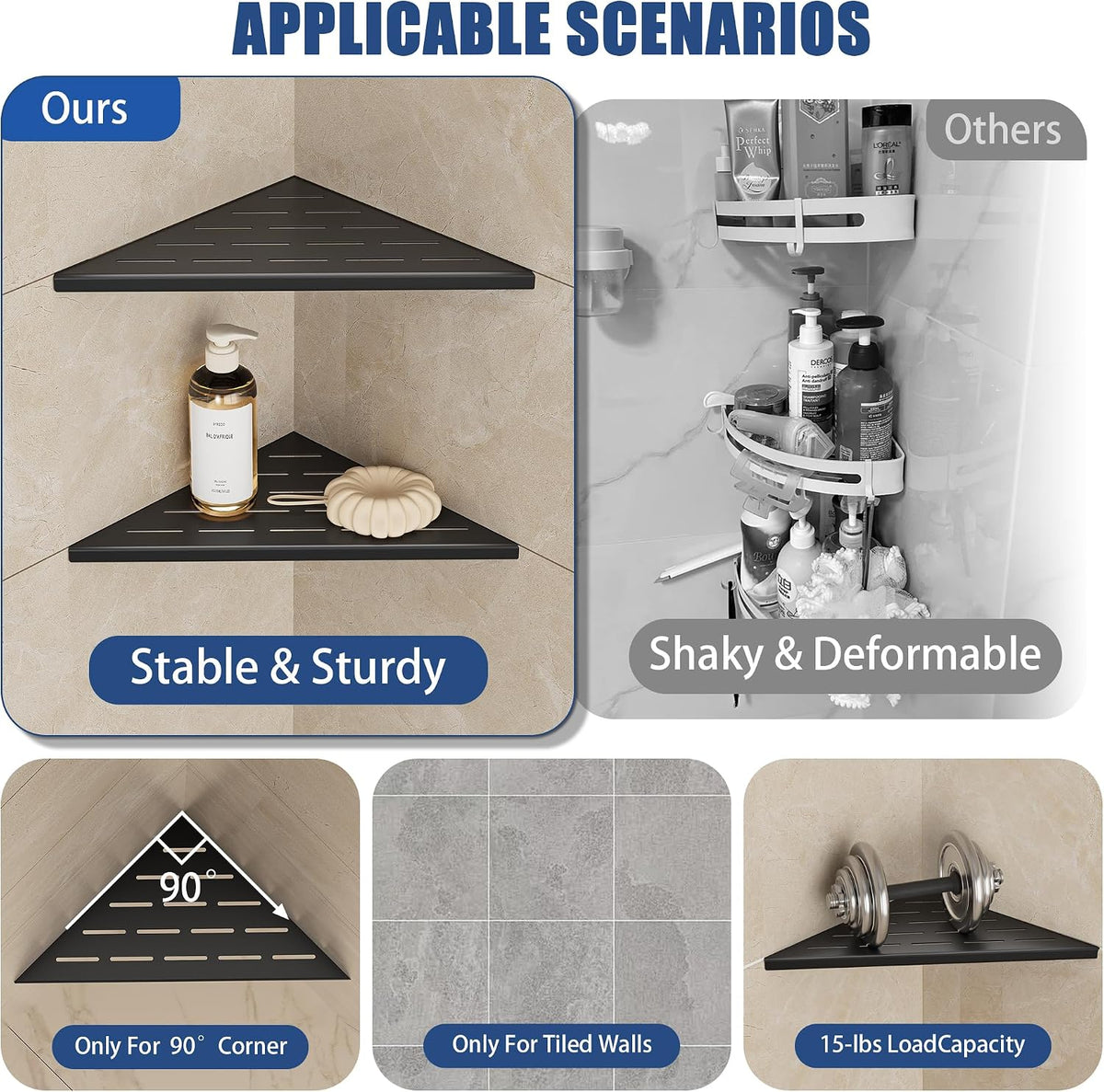 Neodrain 10 Inch Black Corner Wall Shelf for Tile Wall Insert, Set of 2