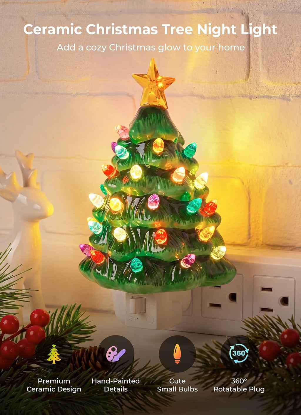 Minetom 2 Pack Green Ceramic Christmas Tree Night Light Plug in Wall Decor