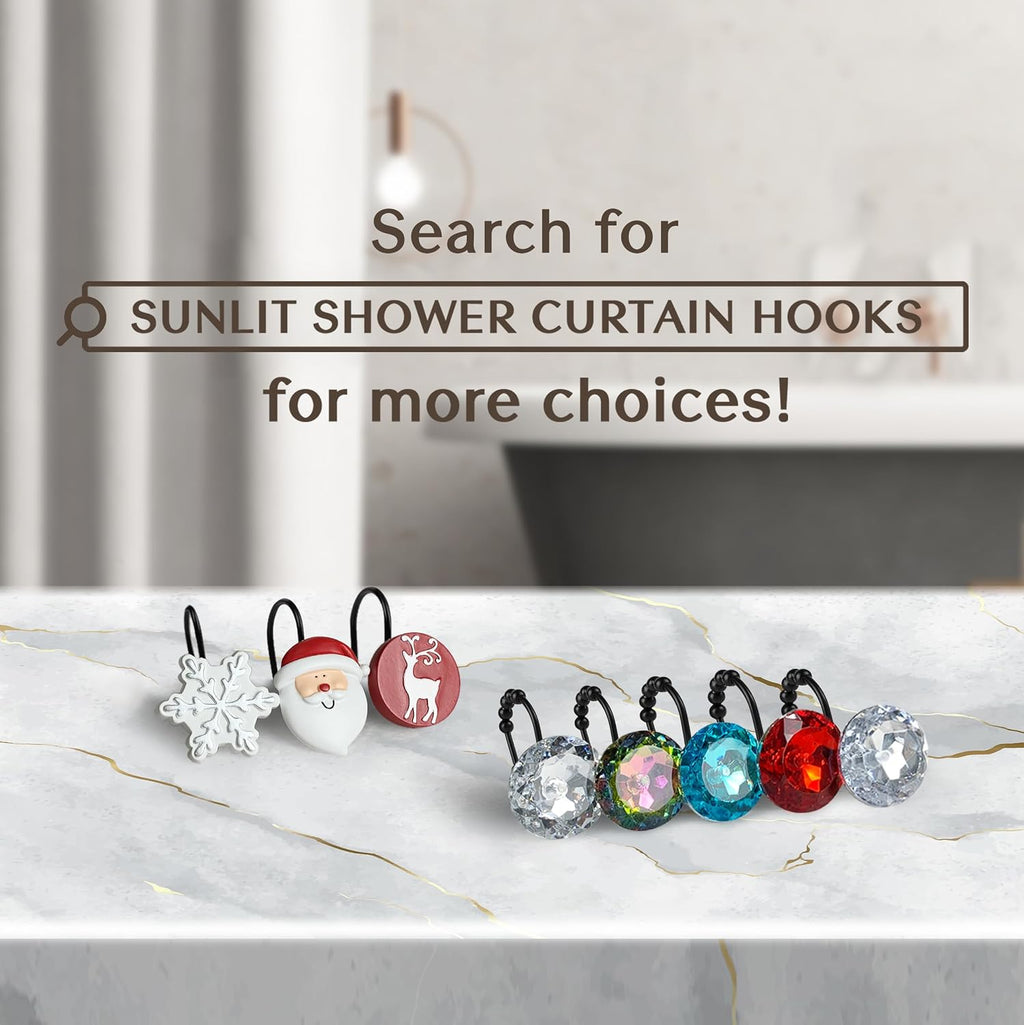 Sunlit Christmas Shower Curtain Hooks, Silver Snowflakes Shower Curtain Rings with Black Hooks, Resin, White Christmas Decor, Winter Bathroom Decoration, Set of 12