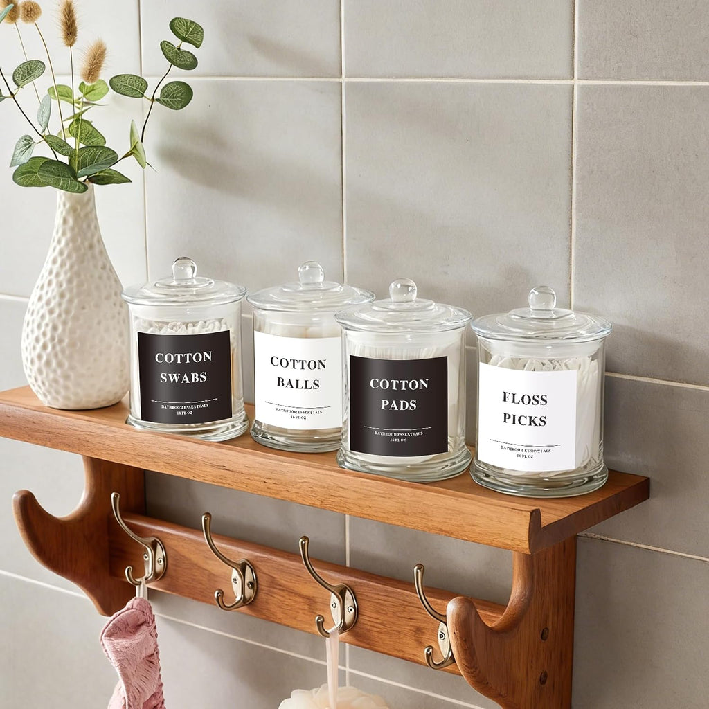 LEORAY 4 Pack Glass Qtip Holder Dispenser with Lids, Airtight Waterproof Apothecary Jars, 16 Oz Vanity Organizer Bathroom Canisters for Cotton Swabs, Balls, Pads, Floss Picks, Transparent