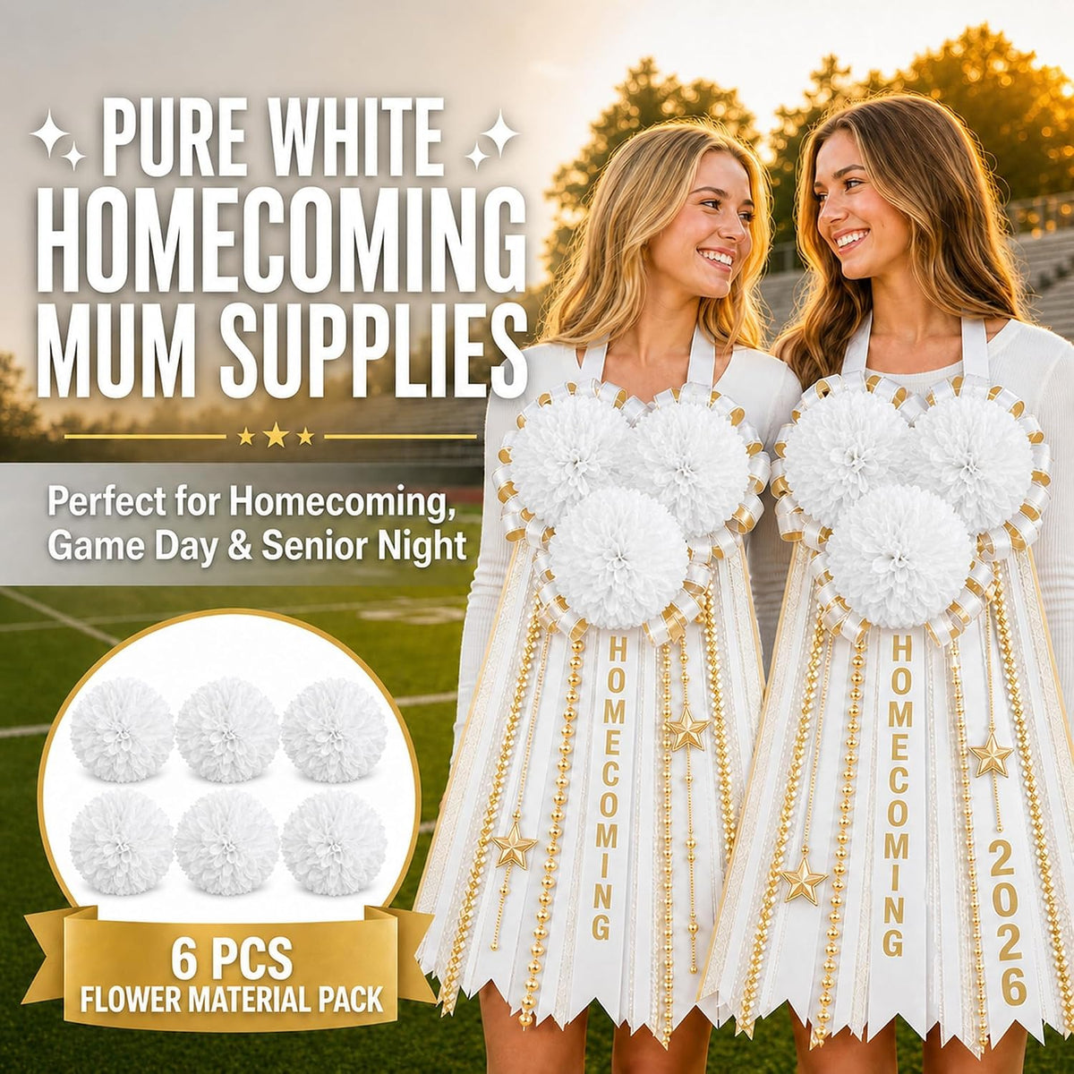 DZrudun 6Pcs White Homecoming Mum Flowers, 6.5 Inch Artificial Mum Flowers