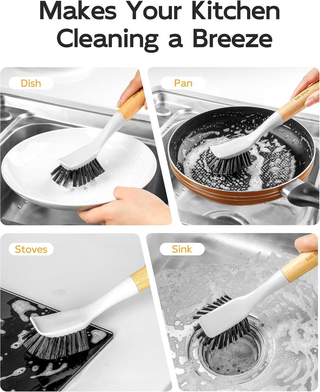 MR.SIGA Dish Brush with Handle, Dish Scrubber Brush for Pans, Pots