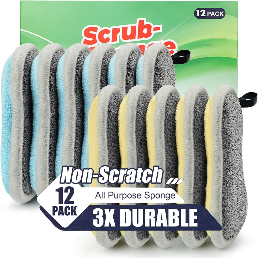 Dual Sided All-Purpose Sponges Kitchen,Dish Sponge for Washing Dishes Cleaning Kitchen,Non Scratch,Rough Scrubbers for Non-Stick Cookware, Soft Microfiber Scrub for Dishes(12 Pack)