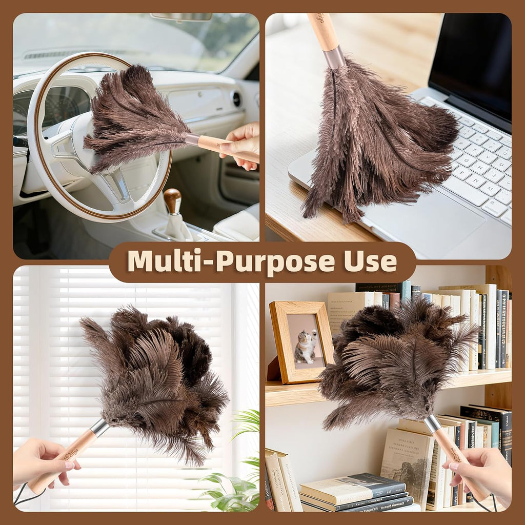 2 Pack Ostrich Feather Dusters for Cleaning with Wooden Handle, 13.5 inch