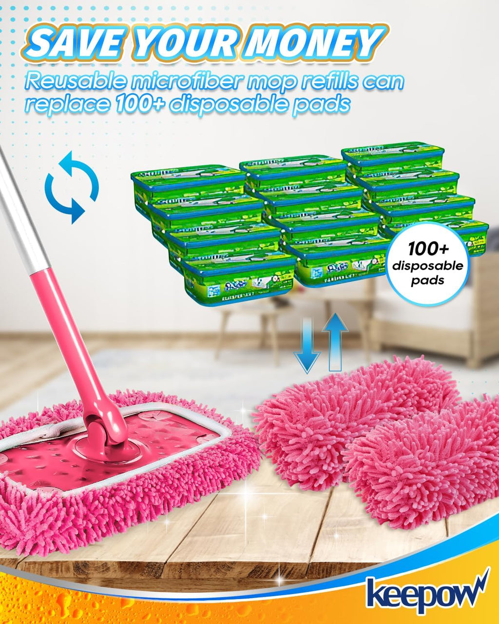 KEEPOW 4Pcs Pink Chenille Reusable Mop Pads Compatible with Swiffer Sweeper