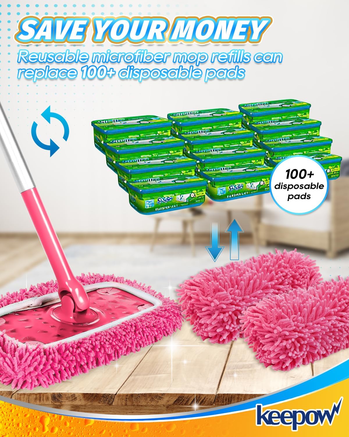 KEEPOW 4Pcs Pink Chenille Reusable Mop Pads Compatible with Swiffer Sweeper