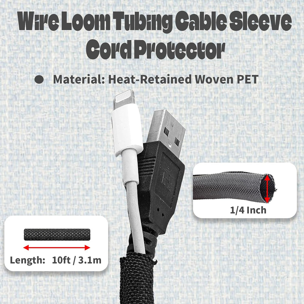 10ft - 1/4 inch Black Cable Sleeves Cord Management, Split Sleeving Wire Protector Desk Cord Organizer, Self Wrapping Wire Loom for TV Computer USB Cable Power Cord Audio Video Cable