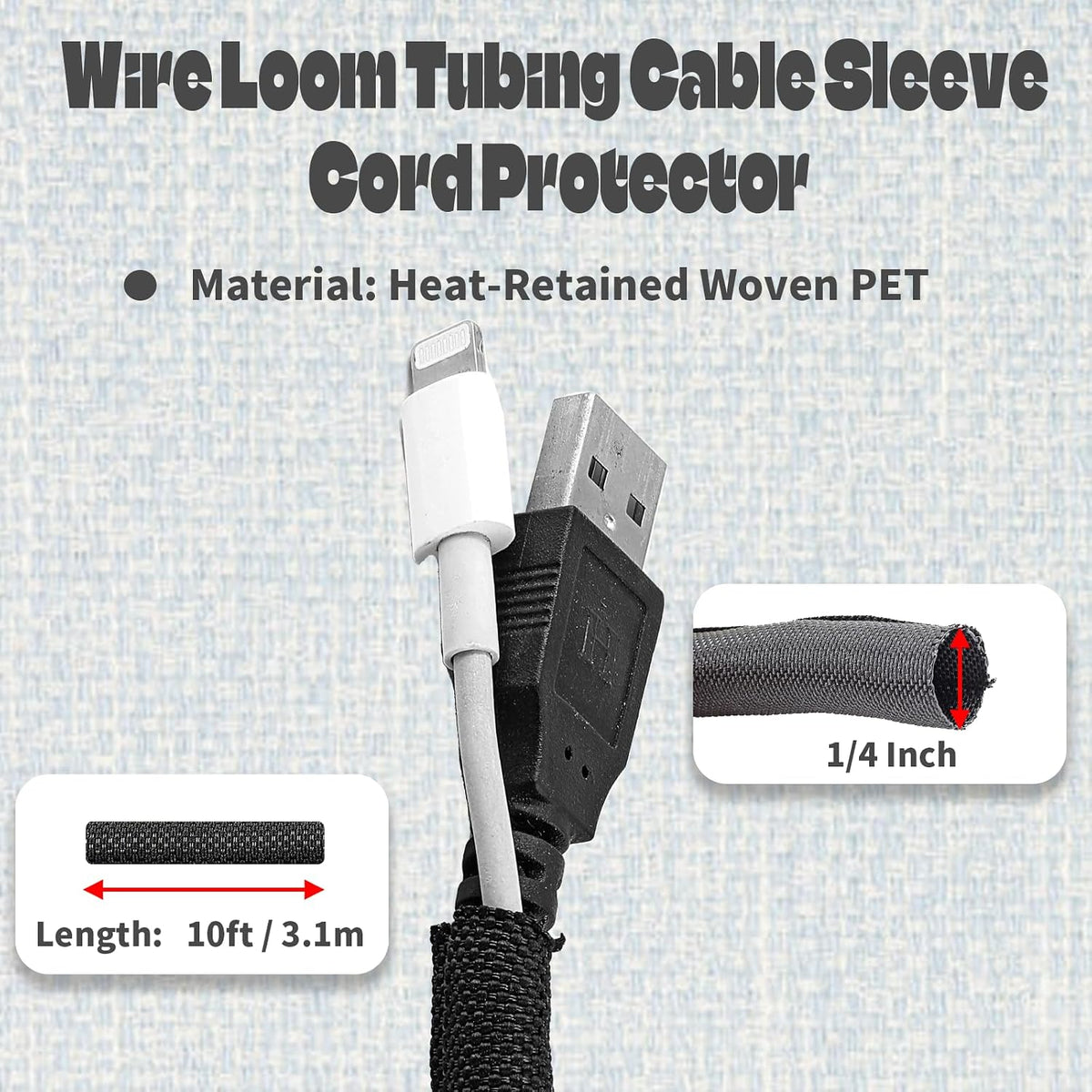 10ft - 1/4 inch Black Cable Sleeves Cord Management, Split Sleeving Wire Protector Desk Cord Organizer, Self Wrapping Wire Loom for TV Computer USB Cable Power Cord Audio Video Cable