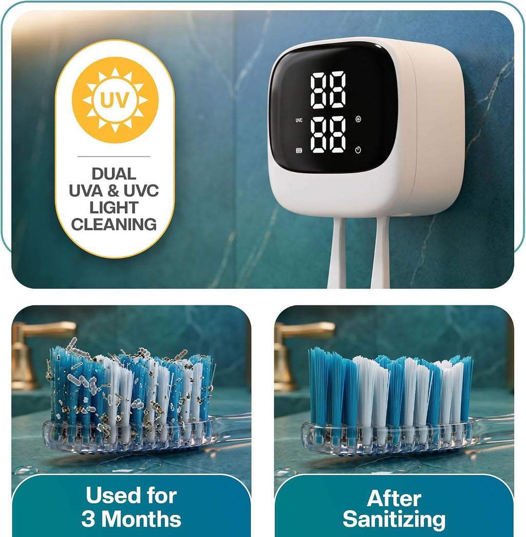 Jetfresh UV Toothbrush Sanitizer and Holder with Fan Drying | Wall Mounted UV-C Toothbrush Cleaner | Tooth Brush Sanitizer Holder Auto Shut-Off, USB Rechargeable, Fits All Brushes.