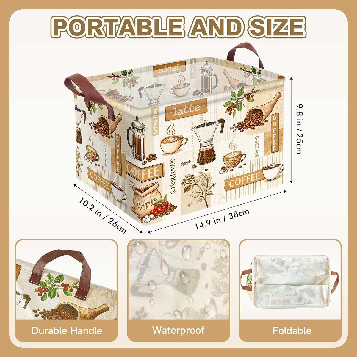 Coffee Theme Storage Basket Home Decor Waterproof Canvas Toy Storage Bin Collapsible Outdoor Basket with Leather Handles Coffee Bean Cup Blanket Baskets For Closets,Bedrooms,Gifts Baskets