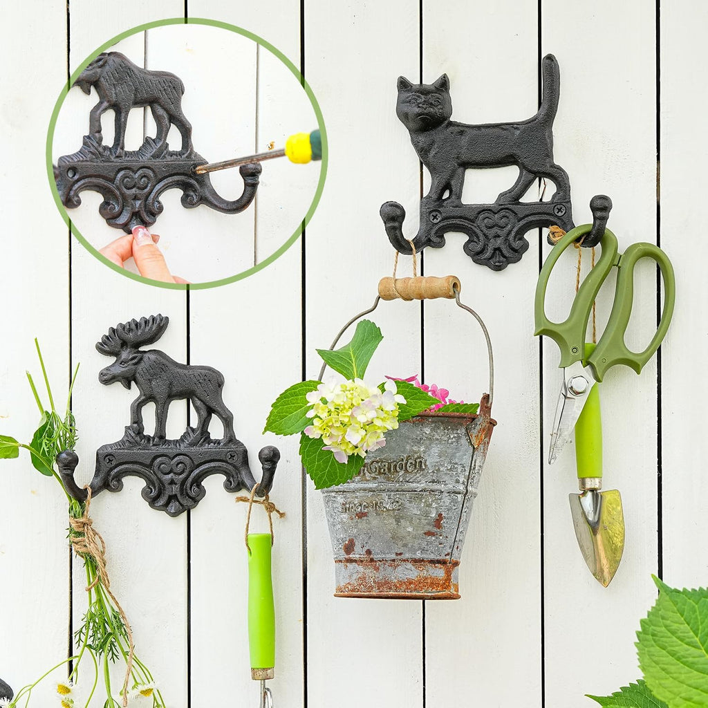 Sungmor Cast Iron Vintage Moose Wall Hooks - Rustic Heavy Duty Double Hooks