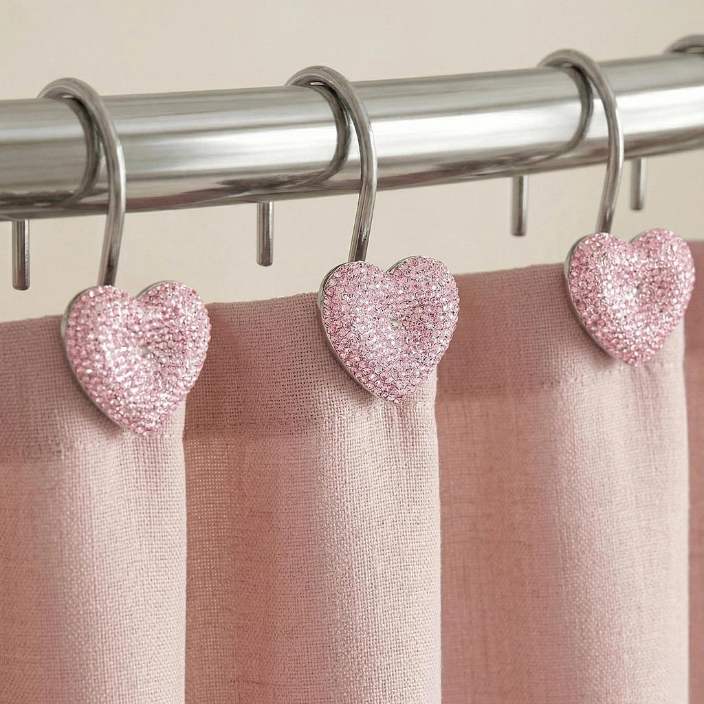 Pink Bling Shower Curtain Hooks: Cute Heart Bathroom Curtain Rings, 12Pcs