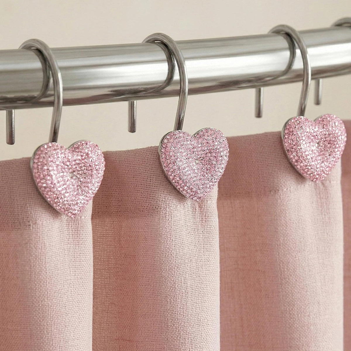 Pink Bling Shower Curtain Hooks: Cute Heart Bathroom Curtain Rings, 12Pcs