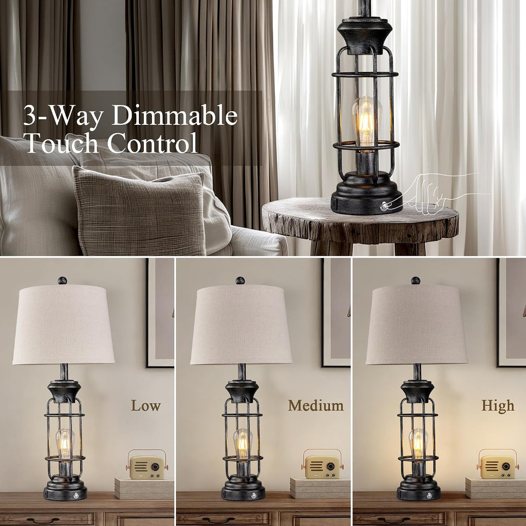 Reaketon 28" Table Lamp for Living Room with USB Charging Ports, Tall Table Lamp Set of 2,3-Way Dimmable Lamps for Bedroom, Bedside Lamp for End Tables, Industrial Nighstand Lamps,Bulbs Included