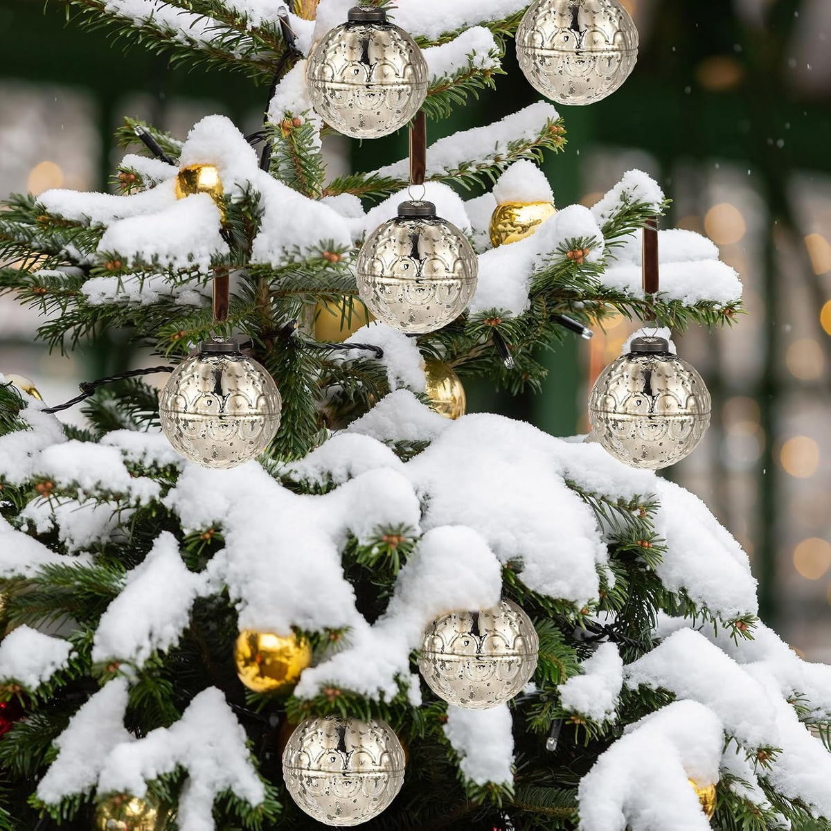 Threan 6 Pcs Champagne Gold Mercury Glass Christmas Ornaments, Etched