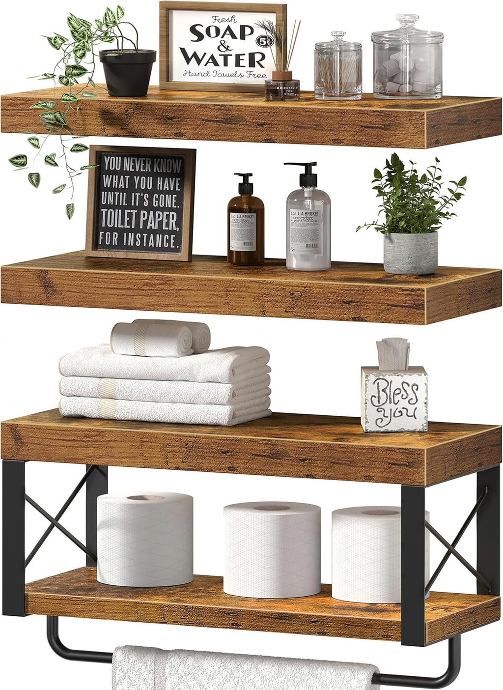 QEEIG Bathroom Shelves Over Toilet (Brown, Set of 3, 15.7")