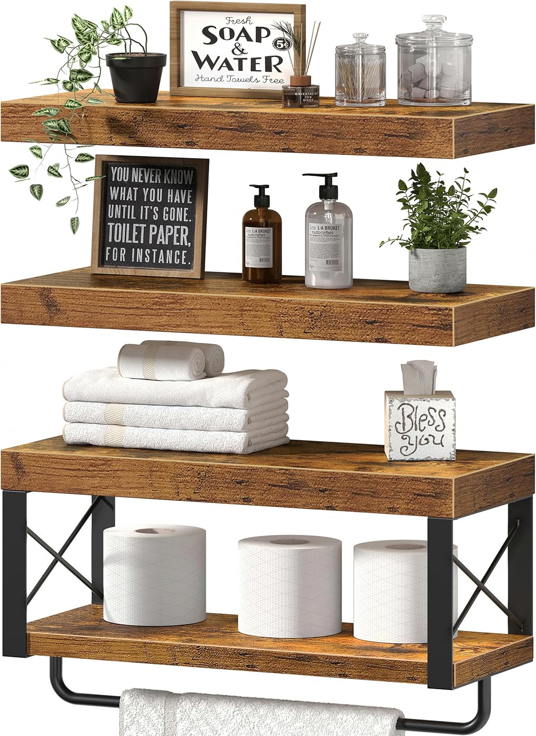 QEEIG Bathroom Shelves Over Toilet (Brown, Set of 3, 15.7")