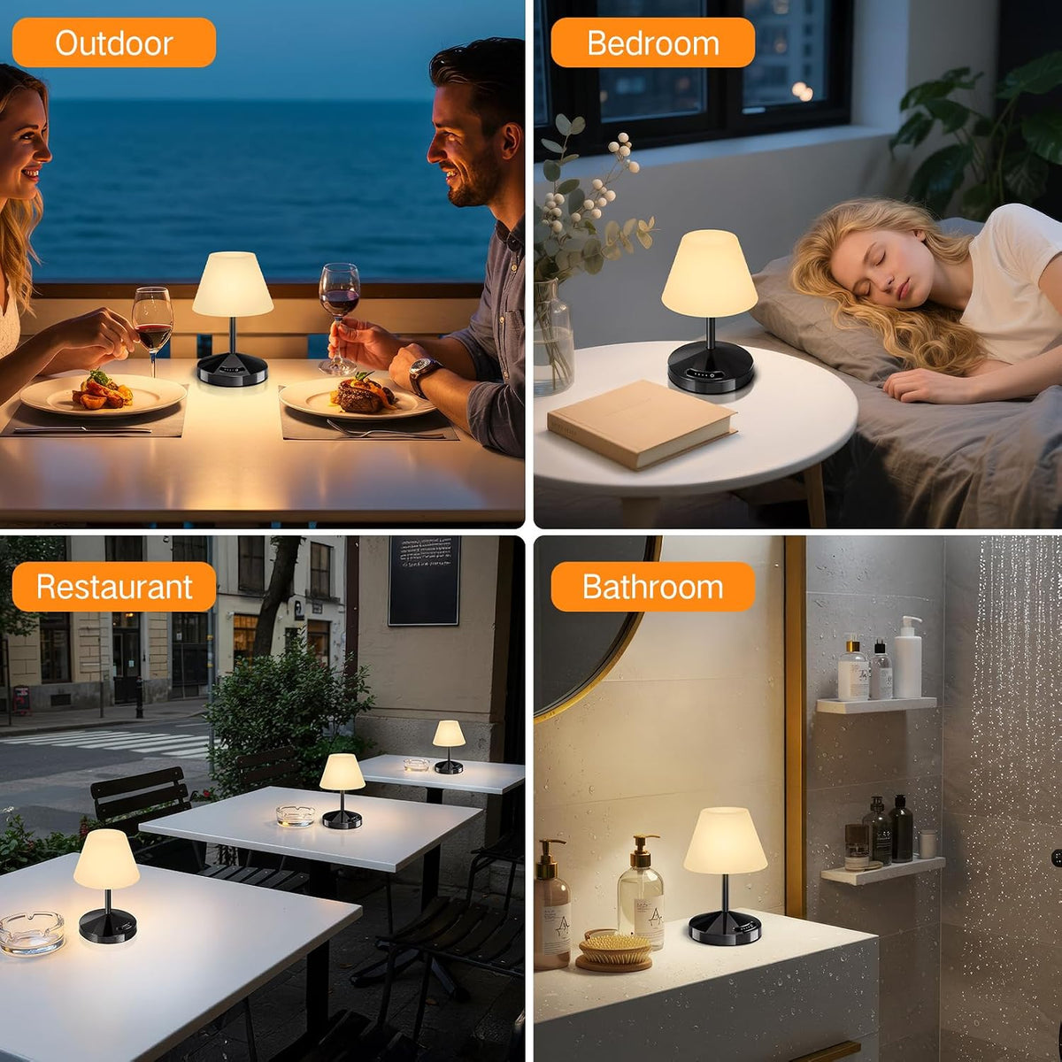 OUTON Rechargeable LED Shower & Table Lamp, Waterproof, USB Output, Stepless Dimming, 3 Colors, Power Indicator, Memory Function, Battery Operated Light for Home, Bathroom, Patio & Outdoor (Black)