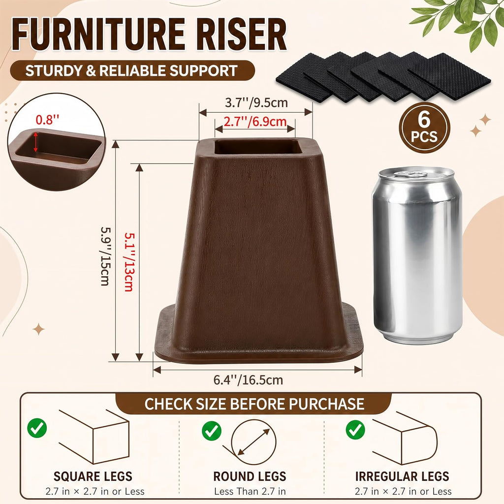 6 inch Large Bed Furniture Risers, 6 Pack Heavy Duty Couch Lifter for Sofa, Chair, Cabinet, Desk, Durable ABS Plastic Bed Stilts, Supports up to 2200 lbs, Brown