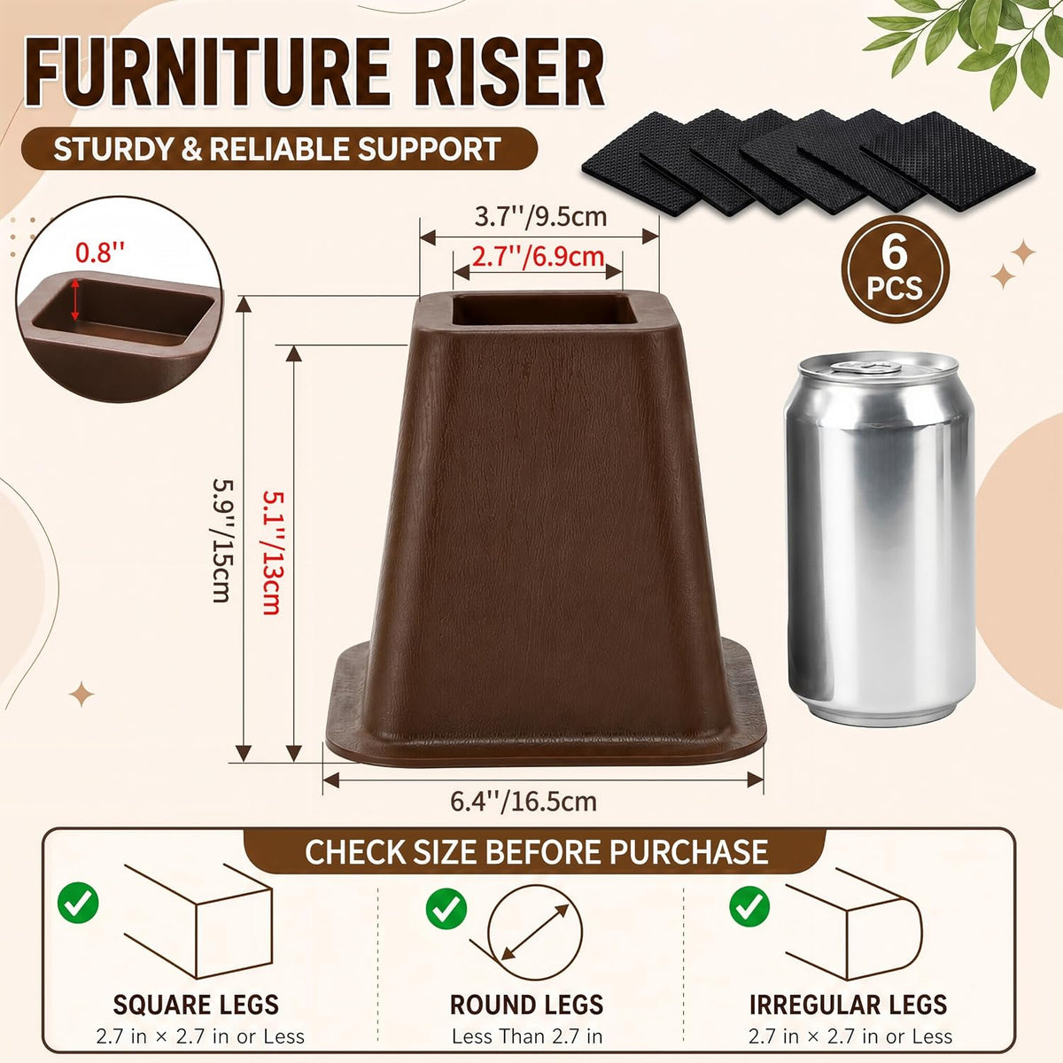 6 inch Large Bed Furniture Risers, 6 Pack Heavy Duty Couch Lifter for Sofa, Chair, Cabinet, Desk, Durable ABS Plastic Bed Stilts, Supports up to 2200 lbs, Brown