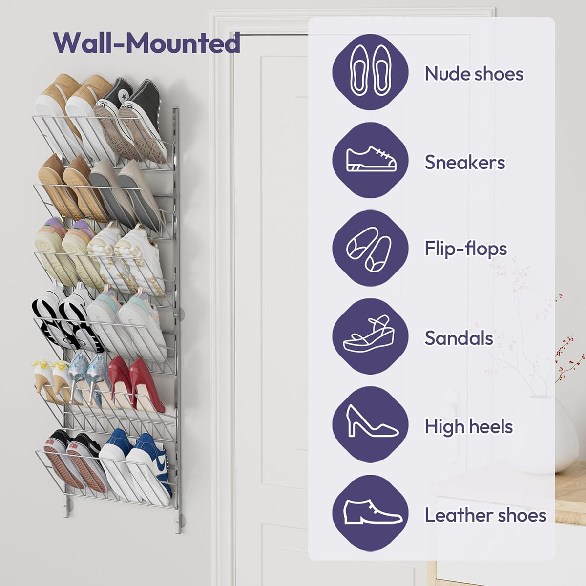 SWTYMIKI Over the Door Shoe Organizer - Adjustable 6 Tier Hanging Shoe Rack Organizer, Metal Heavy Duty Behind Door Storage or Wall Mount Shoes Shelf for Flats, Heels, Sneakers, Boots, Silver