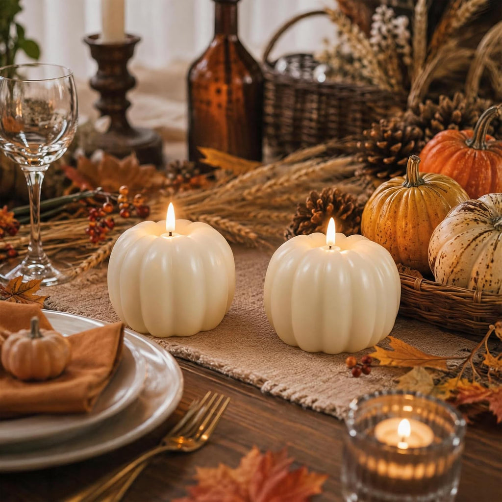 Fall Decor Pumpkin Flameless Candles with Remote LED Candles Ivory Set of 2